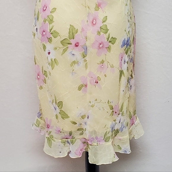Vintage City Triangles Yellow Pink Floral Ruffle Flutter Sleeve Chiffon Dress M - Picture 12 of 14